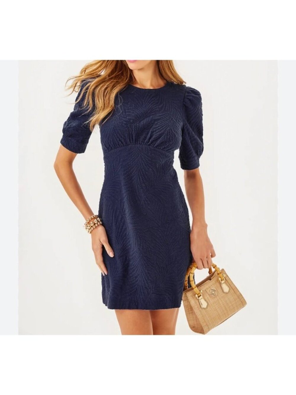 Lilly Pulitzer Womens XL True Navy Leafy Knit Jacquard Kiely Dress  Puff Sleeve